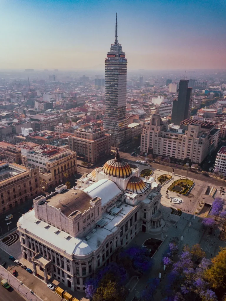 Aerial view of Mexico City's Palacio de Bellas Artes and the Torre Latinoamericana.